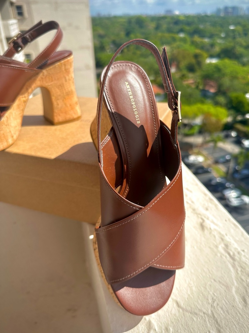 Anthropologie Brown Platform Sandals Cork Heel Slingback SZ 7-7.5 EU 38 NIB - Picture 4 of 10